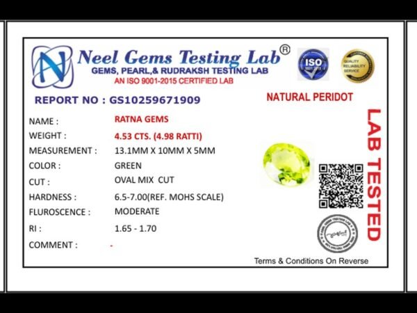 Lab certificate for Peridot Stone 4.53 Carat (4.98 Ratti) - NATURAL PERIDOT, 4.53 CTS. (4.98 RATTI)