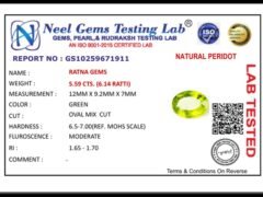 Lab certificate for Peridot Stone 5.59 Carat (6.14 Ratti) - NATURAL PERIDOT, 5.59 CTS. (6.14 RATTI)