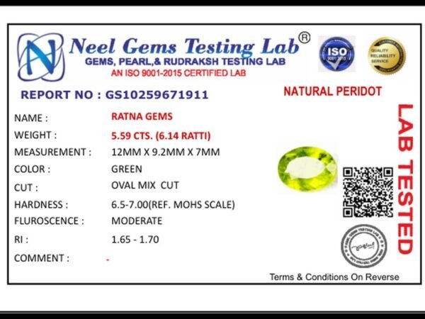 Lab certificate for Peridot Stone 5.59 Carat (6.14 Ratti) - NATURAL PERIDOT, 5.59 CTS. (6.14 RATTI)