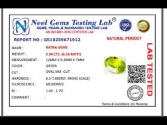 Lab certificate for Peridot Stone 5.94 Carat (6.53 Ratti) - NATURAL PERIDOT, 5.94 CTS. (6.53 RATTI)