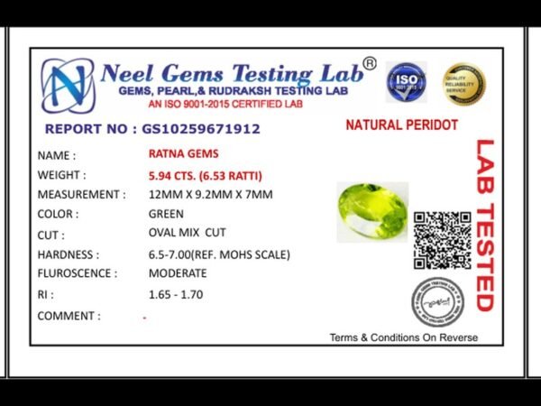 Lab certificate for Peridot Stone 5.94 Carat (6.53 Ratti) - NATURAL PERIDOT, 5.94 CTS. (6.53 RATTI)