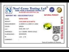 Lab certificate for Peridot Stone 5.94 Carat (6.53 Ratti) - NATURAL PERIDOT, 5.94 CARAT (6.53 RATTI)