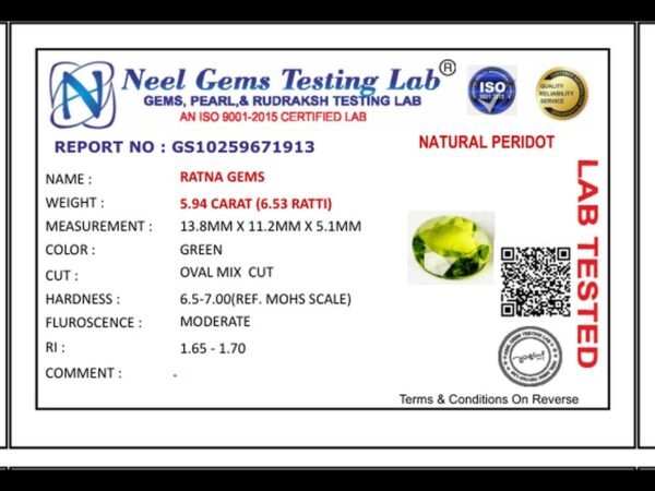 Lab certificate for Peridot Stone 5.94 Carat (6.53 Ratti) - NATURAL PERIDOT, 5.94 CARAT (6.53 RATTI)
