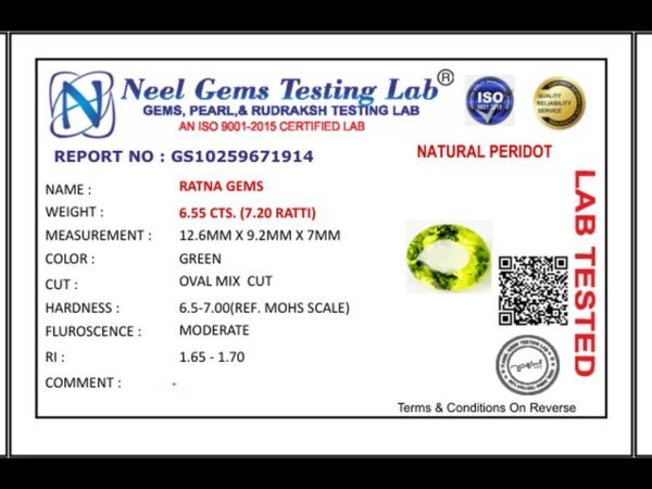 Lab certificate for Peridot Stone 6.55 Carat (7.20 Ratti) - NATURAL PERIDOT, 6.55 CTS. (7.20 RATTI)