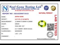 Lab certificate for Peridot Stone 6.57 Carat (7.22 Ratti) - NATURAL PERIDOT, 6.57 CTS. (7.22 RATTI)