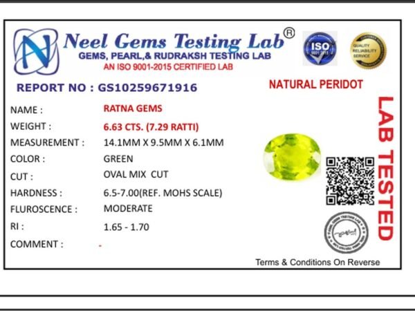 Lab certificate for Peridot Stone 6.63 Carat (7.29 Ratti) - NATURAL PERIDOT, 6.63 CTS. (7.29 RATTI)