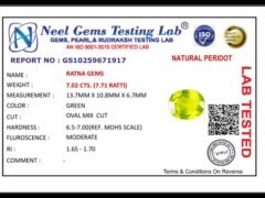Lab certificate for Peridot Stone 7.02 Carat (7.71 Ratti) - NATURAL PERIDOT, 7.02 CTS. (7.71 RATTI)