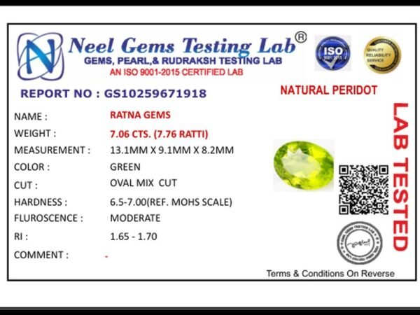 Lab certificate for Peridot Stone 7.06 Carat (7.76 Ratti) - NATURAL PERIDOT, 7.06 CTS. (7.76 RATTI)