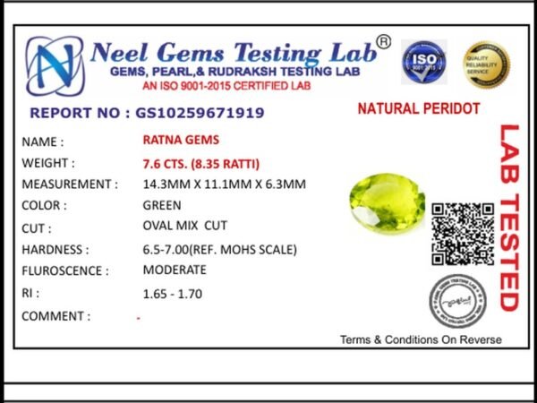 Lab certificate for Peridot Stone 7.6 Carat (8.35 Ratti) - NATURAL PERIDOT, 7.6 CTS. (8.35 RATTI)