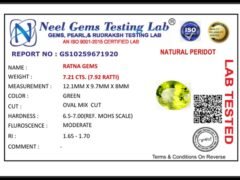 Lab certificate for Peridot Stone 7.21 Carat (7.92 Ratti) - NATURAL PERIDOT, 7.21 CTS. (7.92 RATTI)