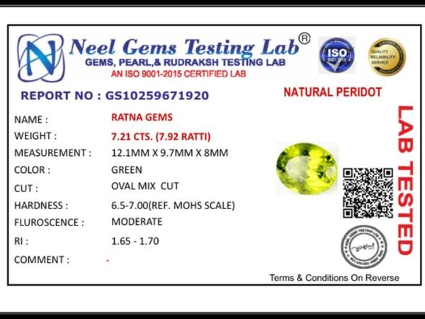 Lab certificate for Peridot Stone 7.21 Carat (7.92 Ratti) - NATURAL PERIDOT, 7.21 CTS. (7.92 RATTI)