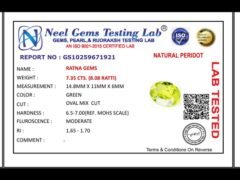 Lab certificate for Peridot Stone 7.35 Carat (8.08 Ratti) - NATURAL PERIDOT, 7.35 CTS. (8.08 RATTI)