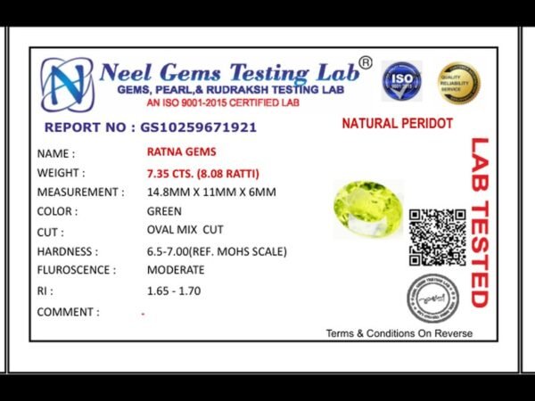 Lab certificate for Peridot Stone 7.35 Carat (8.08 Ratti) - NATURAL PERIDOT, 7.35 CTS. (8.08 RATTI)