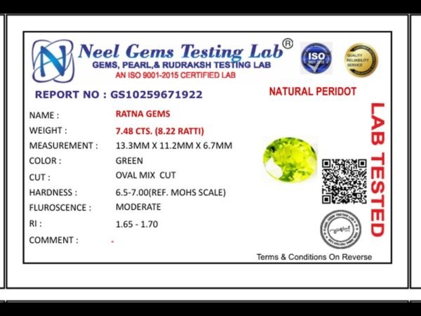 Lab certificate for Peridot Stone 7.48 Carat (8.22 Ratti) - NATURAL PERIDOT, 7.48 CTS. (8.22 RATTI)