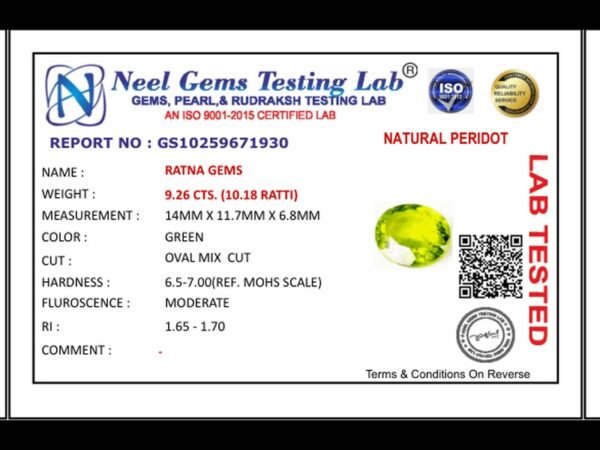 Lab certificate for Peridot Stone 9.26 Carat (10.18 Ratti) - NATURAL PERIDOT, 9.26 CTS. (10.18 RATTI)