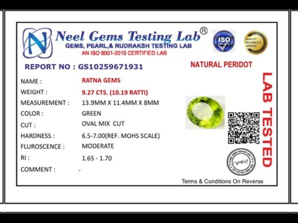 Lab certificate for Peridot Stone 9.27 Carat (10.19 Ratti) - NATURAL PERIDOT, 9.27 CTS. (10.19 RATTI)