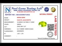 Lab certificate for Peridot Stone 9.28 Carat (10.20 Ratti) - NATURAL PERIDOT, 9.28 CTS. (10.20 RATTI)