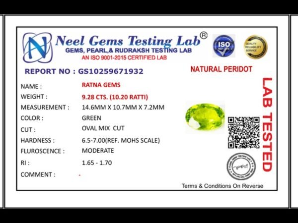 Lab certificate for Peridot Stone 9.28 Carat (10.20 Ratti) - NATURAL PERIDOT, 9.28 CTS. (10.20 RATTI)