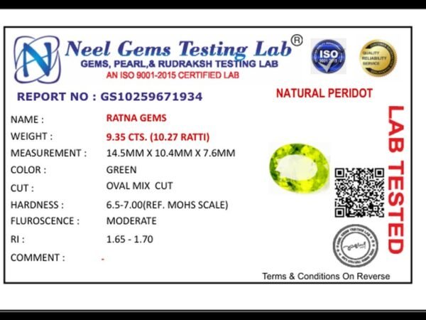 Lab certificate for Peridot Stone 9.35 Carat (10.27 Ratti) - NATURAL PERIDOT, 9.35 CTS. (10.27 RATTI)