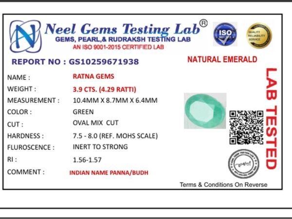 Lab certificate for Brazilian Emerald 3.9 Carat (4.29 Ratti) Panna Stone — Sapota - NATURAL EMERALD, 3.9 CTS. (4.29 RATTI)