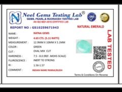 Lab certificate for Zambian Emerald 4.65 Carat (5.11 Ratti) – Panna Stone - NATURAL EMERALD, 4.65 CTS. (5.11 RATTI)