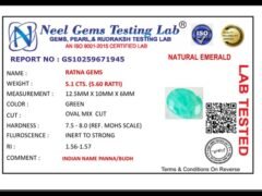 Lab certificate for Brazilian Emerald 5.1 Carat (5.60 Ratti) Panna Stone — Sapota - NATURAL EMERALD, 5.1 CTS. (5.60 RATTI)