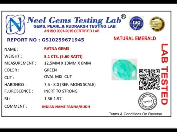 Lab certificate for Brazilian Emerald 5.1 Carat (5.60 Ratti) Panna Stone — Sapota - NATURAL EMERALD, 5.1 CTS. (5.60 RATTI)