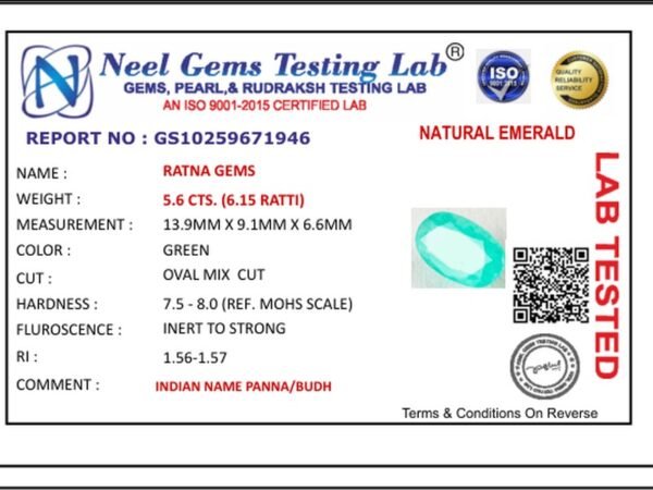 Lab certificate for Brazilian Emerald 5.6 Carat (6.15 Ratti) Panna Stone — Sapota - NATURAL EMERALD, 5.6 CTS. (6.15 RATTI)