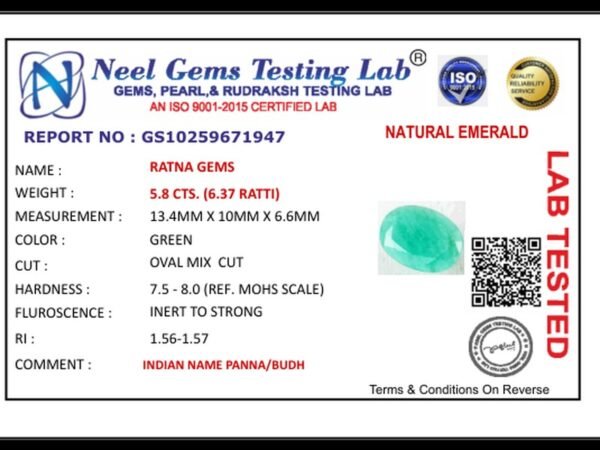 Lab certificate for Brazilian Emerald 5.8 Carat (6.37 Ratti) Panna Stone — Sapota - NATURAL EMERALD, 5.8 CTS. (6.37 RATTI)
