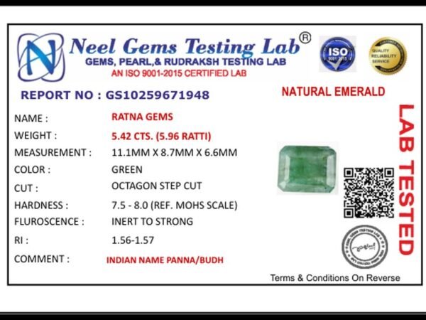 Lab certificate for Zambian Emerald 5.42 Carat (5.96 Ratti) Panna Stone - NATURAL EMERALD, 5.42 CTS. (5.96 RATTI)