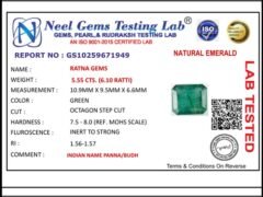 Lab certificate for Zambian Emerald 5.55 Carat (6.10 Ratti) Panna Stone - NATURAL EMERALD, 5.55 CTS. (6.10 RATTI)