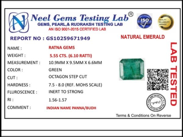 Lab certificate for Zambian Emerald 5.55 Carat (6.10 Ratti) Panna Stone - NATURAL EMERALD, 5.55 CTS. (6.10 RATTI)