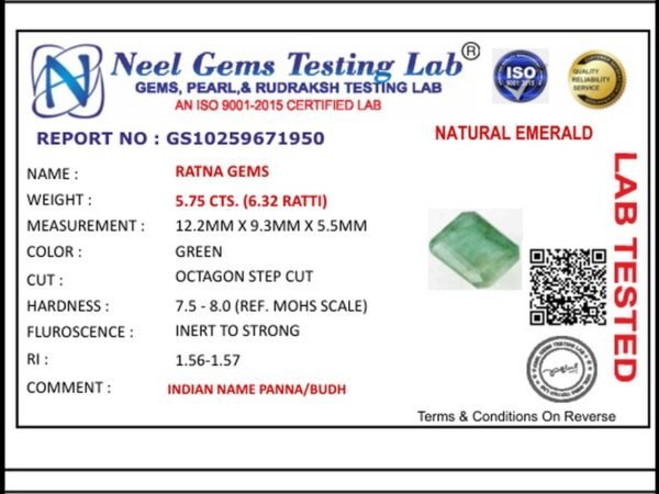Lab certificate for Zambian Emerald 5.75 Carat (6.32 Ratti) Panna Stone - NATURAL EMERALD, 5.75 CTS. (6.32 RATTI)
