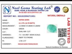 Lab certificate for Brazilian Emerald 6.1 Carat (6.70 Ratti) Panna Stone — Sapota - NATURAL EMERALD, 6.1 CTS. (6.70 RATTI)