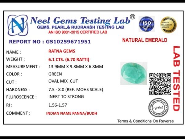 Lab certificate for Brazilian Emerald 6.1 Carat (6.70 Ratti) Panna Stone — Sapota - NATURAL EMERALD, 6.1 CTS. (6.70 RATTI)