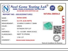 Lab certificate for Brazilian Emerald 6.2 Carat (6.81 Ratti) Panna Stone — Sapota - NATURAL EMERALD, 6.2 CTS. (6.81 RATTI)