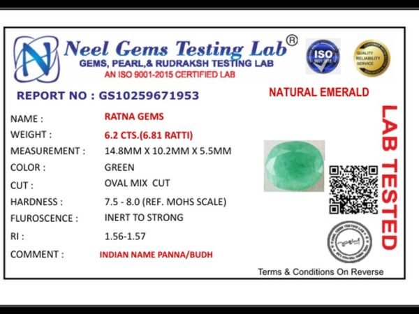 Lab certificate for Brazilian Emerald 6.2 Carat (6.81 Ratti) Panna Stone — Sapota - NATURAL EMERALD, 6.2 CTS.(6.81 RATTI)