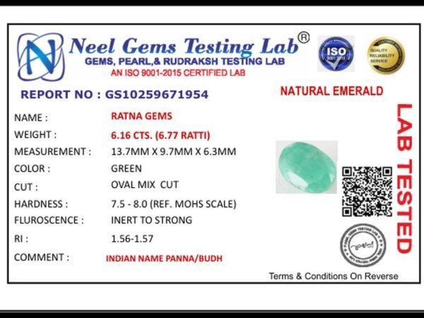 Lab certificate for Brazilian Emerald 6.16 Carat (6.77 Ratti) Panna Stone — Sapota - NATURAL EMERALD, 6.16 CTS. (6.77 RATTI)