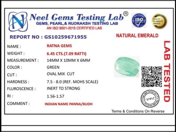 Lab certificate for Zambian Emerald 6.45 Carat (7.09 Ratti) Panna Stone - NATURAL EMERALD, 6.45 CTS.(7.09 RATTI)