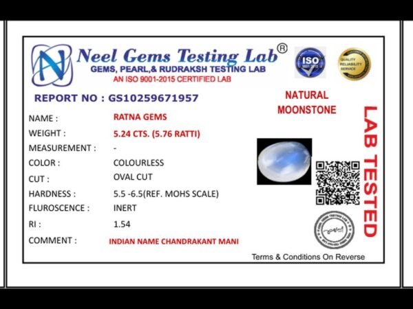 Lab certificate for Natural Blue Moonstone Chandramani 5.24 Carat (5.76 Ratti) - NATURAL MOONSTONE, 5.24 CTS. (5.76 RATTI)