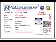 Lab certificate for Natural Blue Moonstone Chandramani 5.62 Carat (6.18 Ratti) - NATURAL MOONSTONE, 5.62 CTS.(6.18 RATTI)