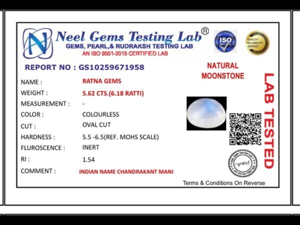 Lab certificate for Natural Blue Moonstone Chandramani 5.62 Carat (6.18 Ratti) - NATURAL MOONSTONE, 5.62 CTS.(6.18 RATTI)