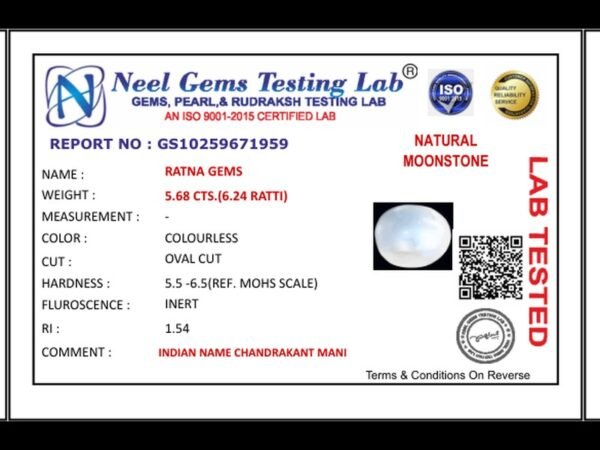 Lab certificate for Natural Blue Moonstone Chandramani 5.68 Carat (6.24 Ratti) - NATURAL MOONSTONE, 5.68 CTS.(6.24 RATTI)