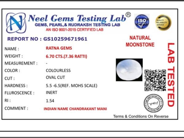 Lab certificate for Natural Blue Moonstone Chandramani 6.70 Carat (7.36 Ratti) - NATURAL MOONSTONE, 6.70 CTS.(7.36 RATTI)