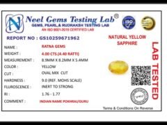 Lab certificate for Bangkok yellow sapphire  (Pukhraj) 4 Carat (4.40 Ratti) - NATURAL YELLOW SAPPHIRE, 4.00 CTS.(4.40 RATTI)