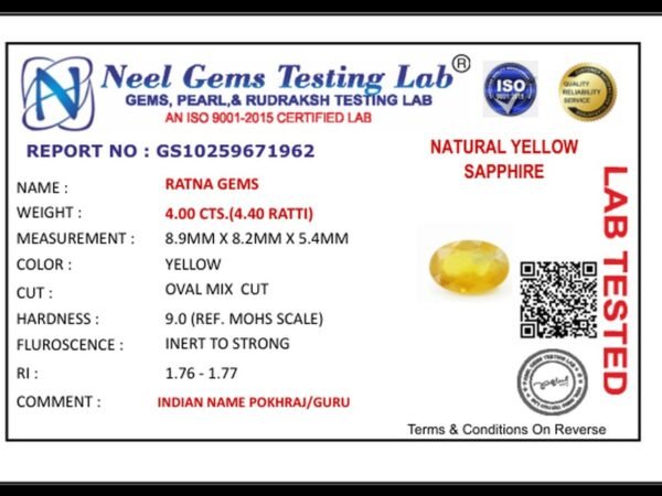 Lab certificate for Bangkok yellow sapphire  (Pukhraj) 4 Carat (4.40 Ratti) - NATURAL YELLOW SAPPHIRE, 4.00 CTS.(4.40 RATTI)