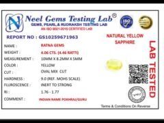 Lab certificate for Bangkok yellow sapphire (Pukhraj) 4.06 Carat (4.46 Ratti) - NATURAL YELLOW SAPPHIRE, 4.06 CTS. (4.46 RATT