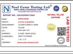 Lab certificate for Bangkok yellow sapphire (Pukhraj) 4.9 Carat (5.38 Ratti) - NATURAL YELLOW SAPPHIRE, 4.9 CTS. (5.38 RATTI)