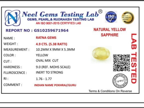 Lab certificate for Bangkok yellow sapphire (Pukhraj) 4.9 Carat (5.38 Ratti) - NATURAL YELLOW SAPPHIRE, 4.9 CTS. (5.38 RATTI)