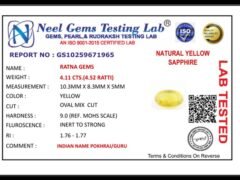 Lab certificate for Bangkok yellow sapphire (Pukhraj) 4.11 Carat (4.52 Ratti) - NATURAL YELLOW SAPPHIRE, 4.11 CTS.(4.52 RATTI
